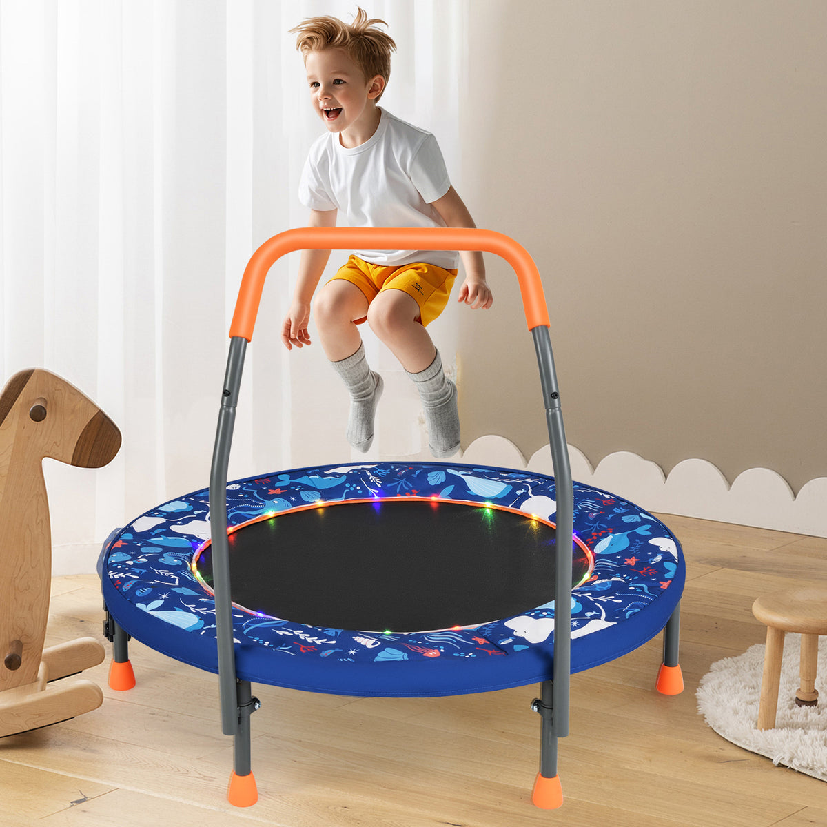 The kids trampoline in a bright living room with a child jumping high on the mat