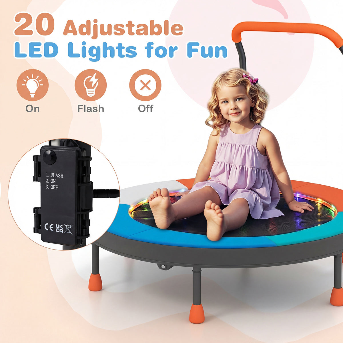 The kids trampoline with a child sitting on it and a close-up of the light control box