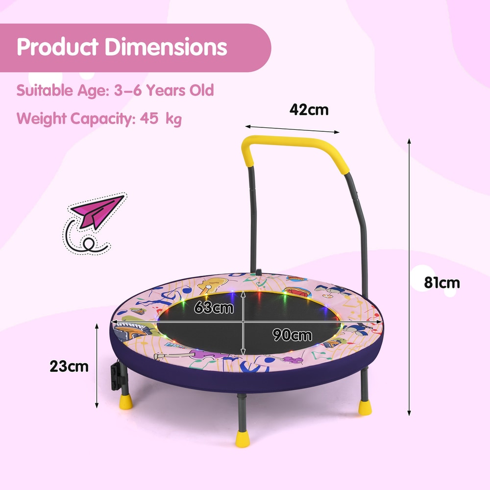Diagram showing the dimensions of the pink folding mini trampoline with musical notes and LED lights