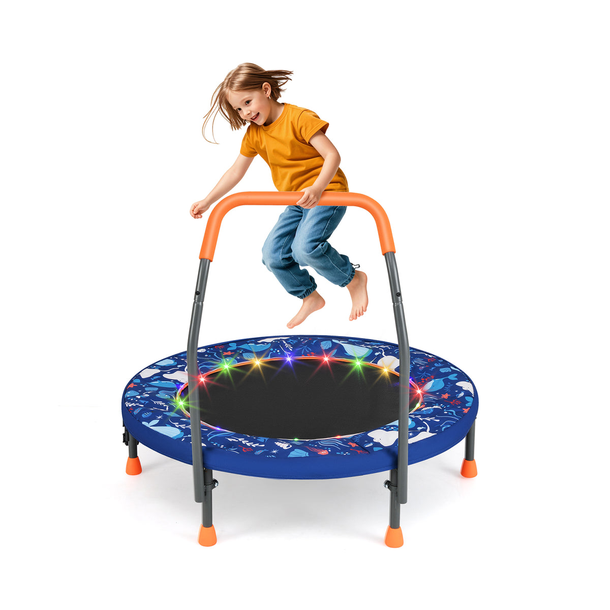 90 cm Folding Mini Trampoline with a child jumping on the mat with glowing LED lights