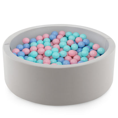 Soft Round Ball Pool in light grey filled with pink and blue plastic balls