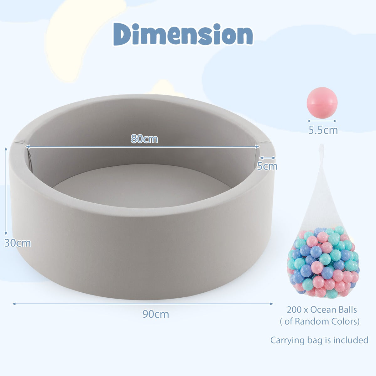 The soft play set showing dimensions with a bag of balls and a single ball