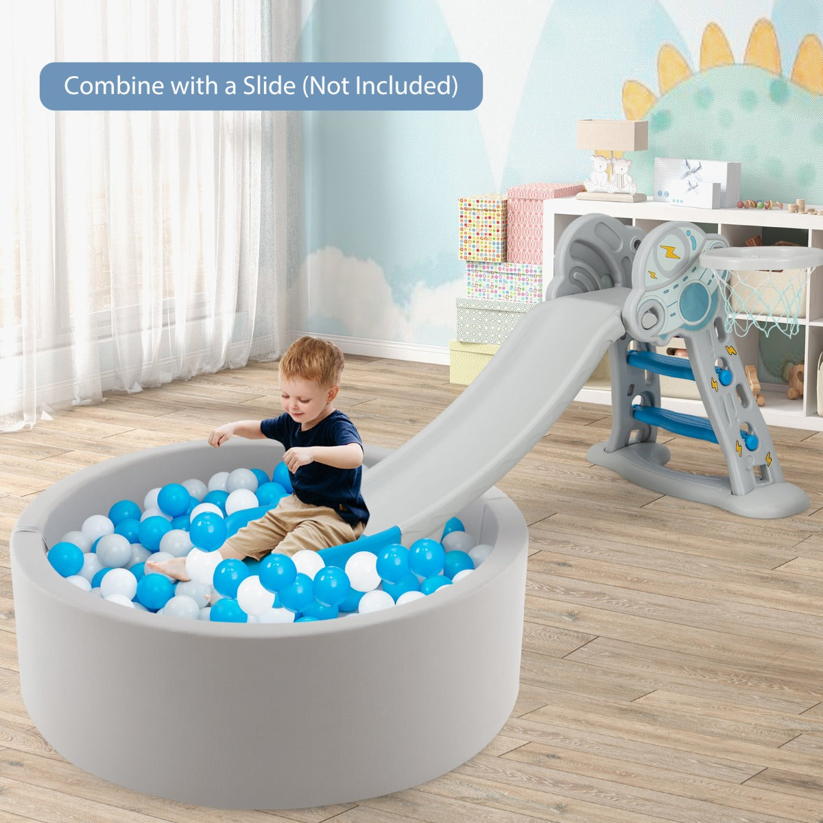 The soft play set shown with a slide not included