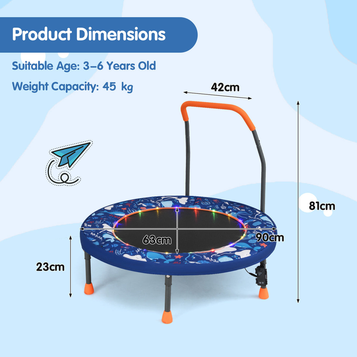 The kids trampoline showing height and width measurements on a blue background