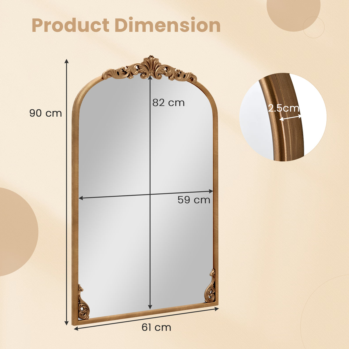 90 x 61cm Antiqued Gold Wall Mirror with Baroque Ornate Frame-M