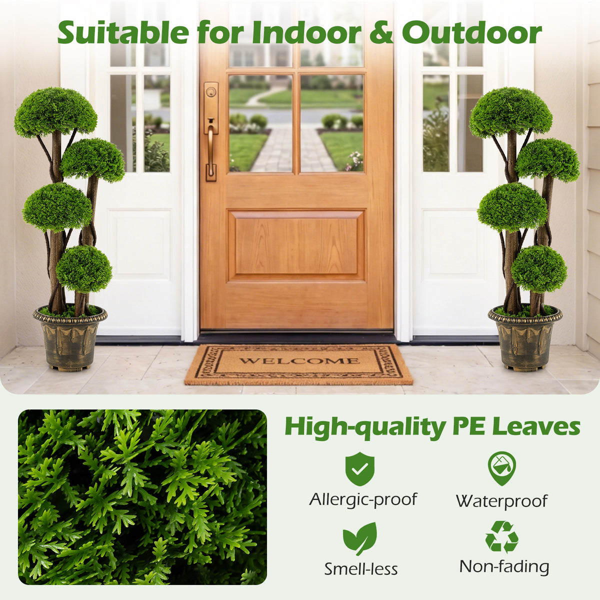 90cm Artificial Cypress Topiary Ball Tree Set of 2 with Retro Cement-filled Planter and Real Wood Trunks
