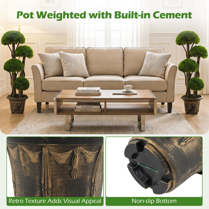 90cm Artificial Cypress Topiary Ball Tree Set of 2 with Retro Cement-filled Planter and Real Wood Trunks
