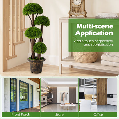 90cm Artificial Cypress Topiary Ball Tree Set of 2 with Retro Cement-filled Planter and Real Wood Trunks