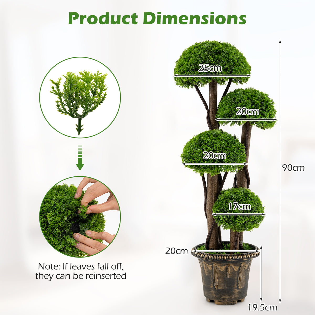 90cm Artificial Cypress Topiary Ball Tree Set of 2 with Retro Cement-filled Planter and Real Wood Trunks