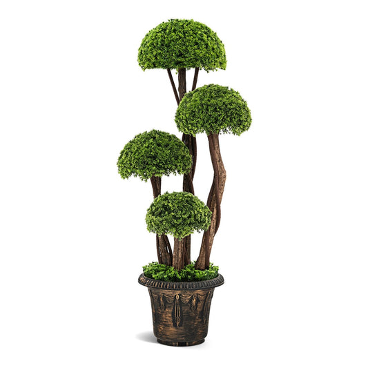 90cm Artificial Cypress Tree with Pot, a decorative faux plant with green foliage on brown stems in an ornate pot