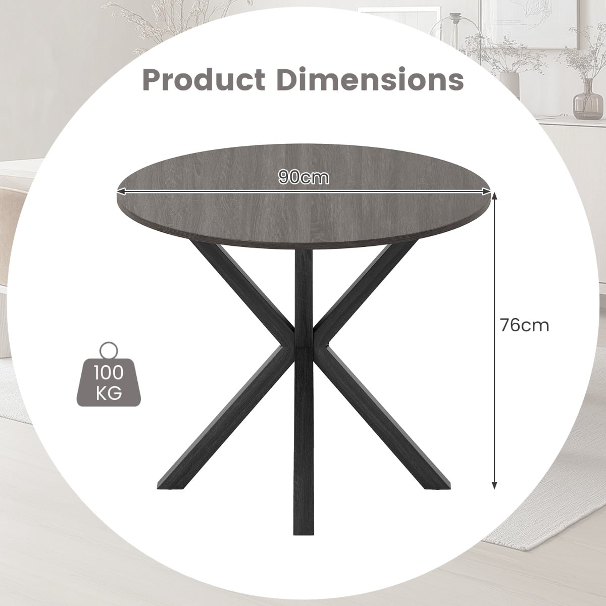 90CM Wood Dining Table with Intersecting Pedestal Base-Black