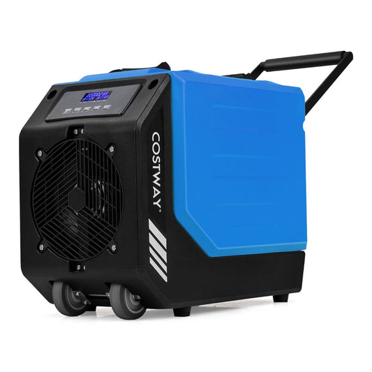90L/Day Commercial Dehumidifier with Pump and 2 Wheels in blue and black with a digital display and wheels