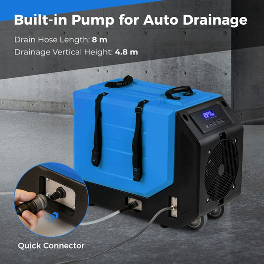 The commercial dehumidifier showing its built-in pump and quick connector for auto drainage