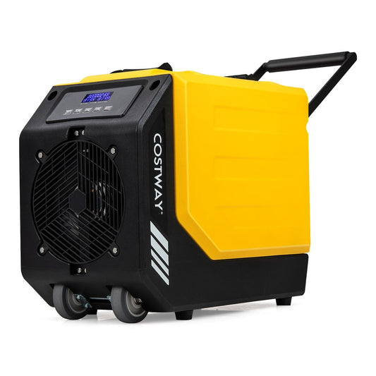 90L/Day Commercial Dehumidifier with Pump and 2 Wheels in yellow and black, front left view
