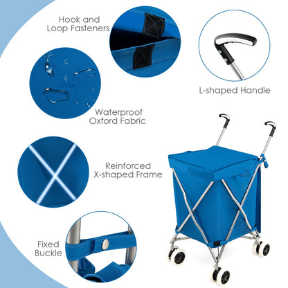 Close up of the blue shopping tote showing waterproof fabric and handle