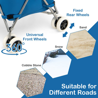 The blue shopping tote is shown on different surfaces like sand and snow