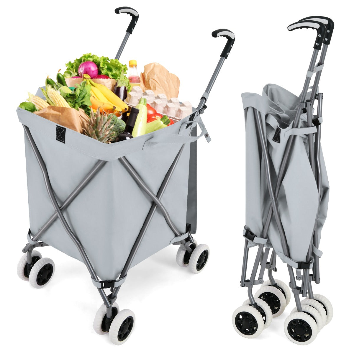 90L Folding Shopping Trolley with removable waterproof bag and cove-grey, shown fully assembled and filled with groceries