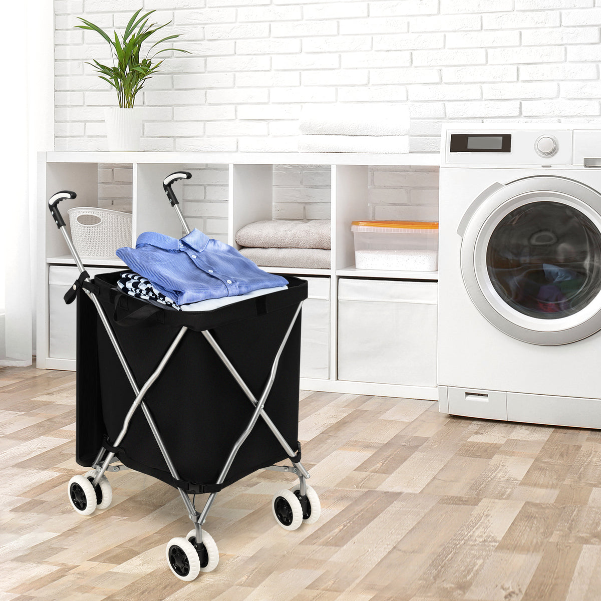 The shopping tote holding folded laundry inside a bright utility room