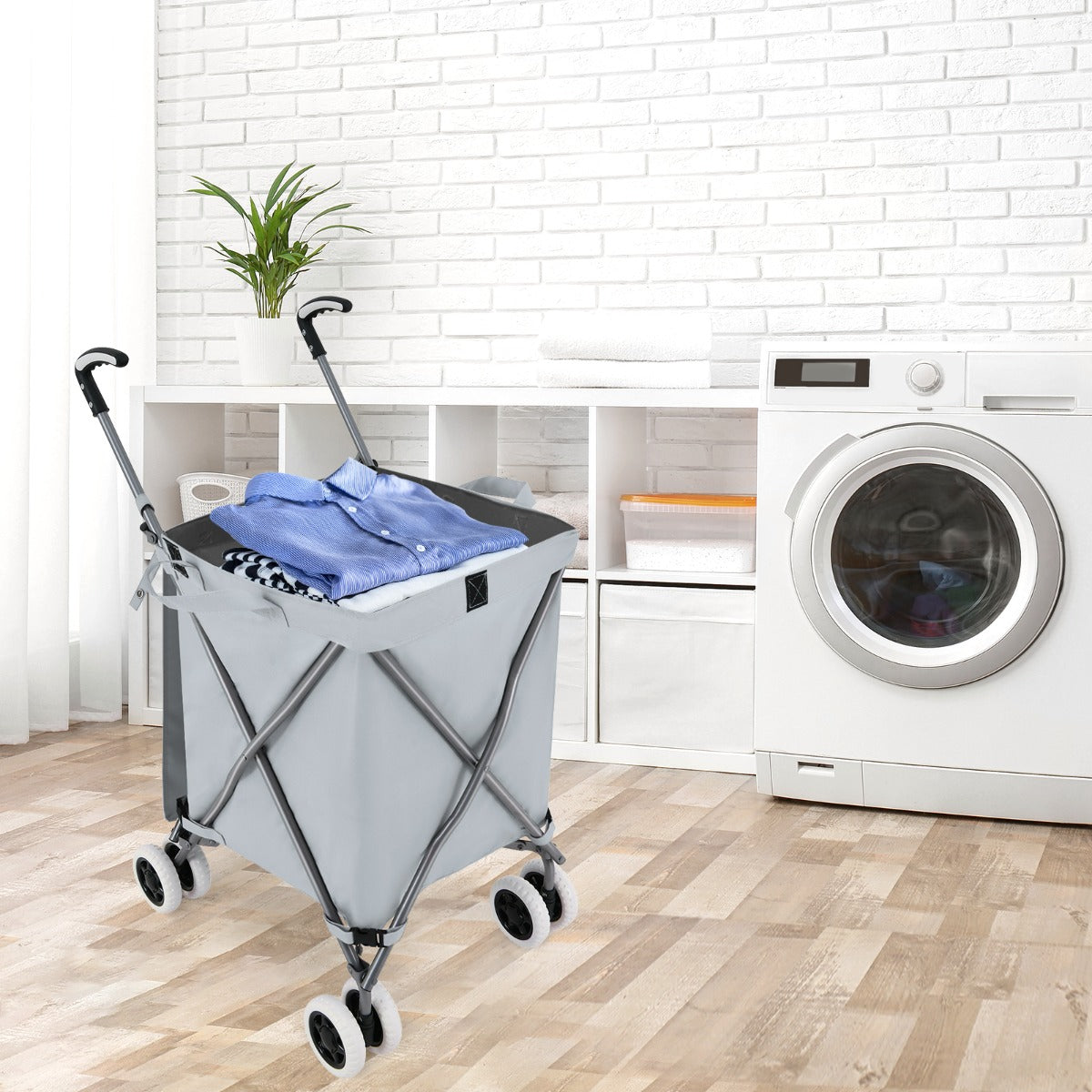 The shopping tote is shown in a laundry room with a washing machine and shelves