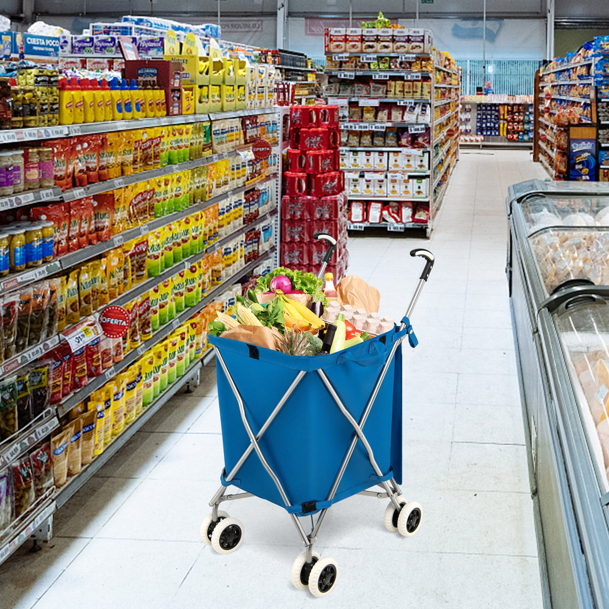 The blue shopping tote is shown in a supermarket aisle filled with groceries