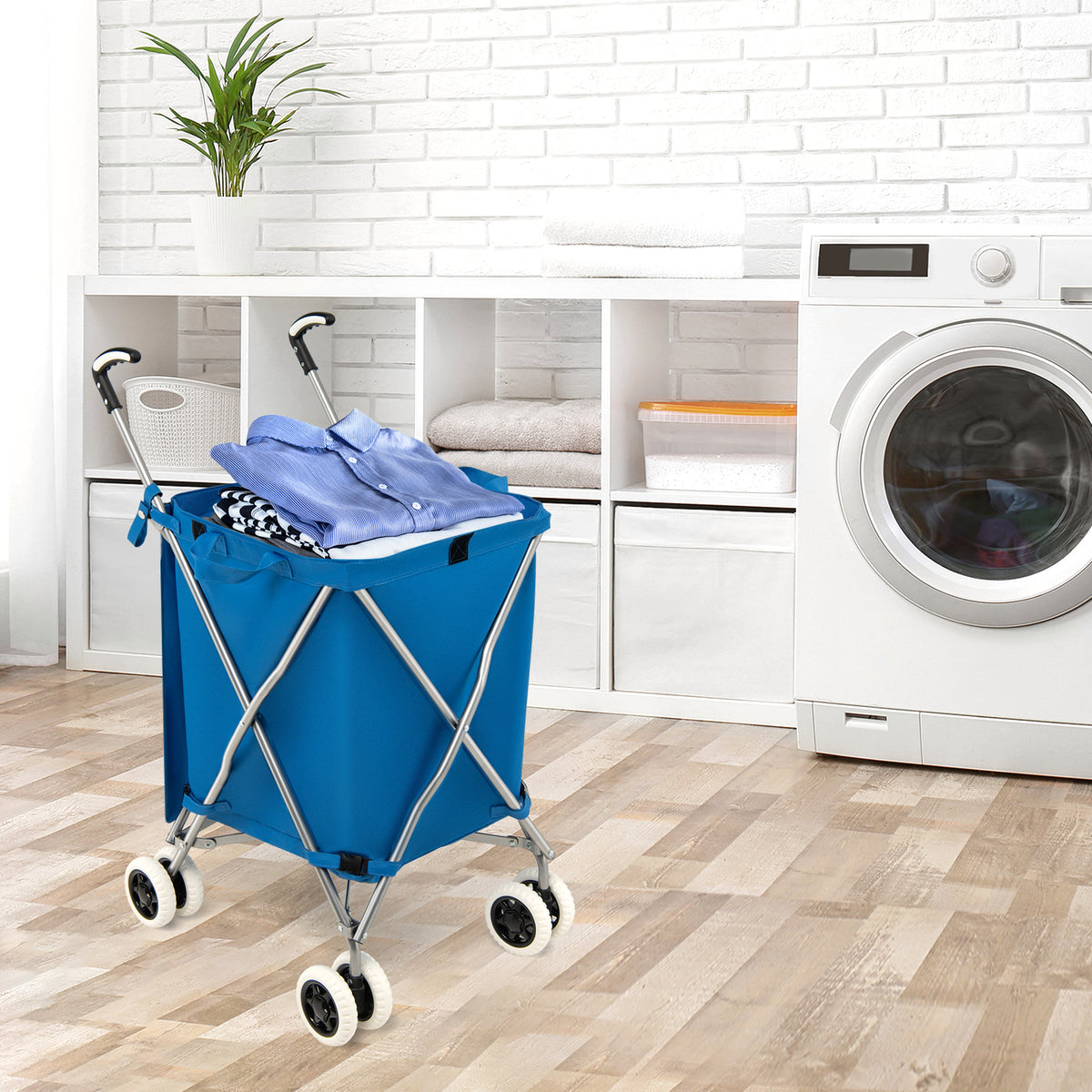 The blue shopping tote is shown in a utility room with laundry