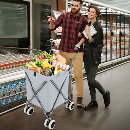 A couple uses the shopping tote filled with groceries in a supermarket aisle