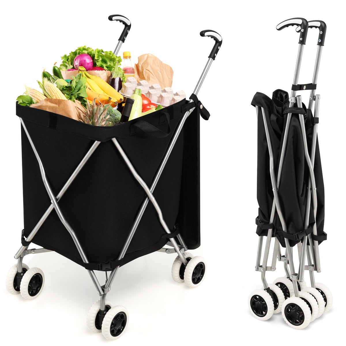 90L Folding Shopping Trolley shown both fully open with groceries and folded for storage