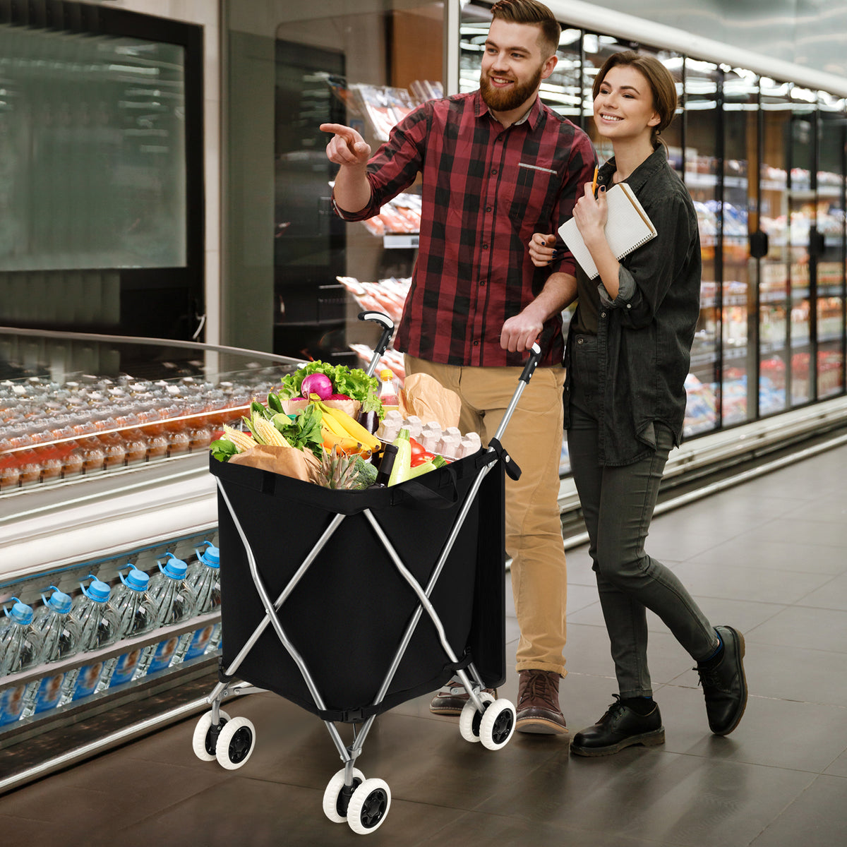 The shopping tote being used by a couple while shopping in a grocery store