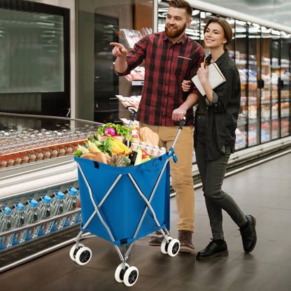 The blue shopping tote is shown from the side with a full load of groceries