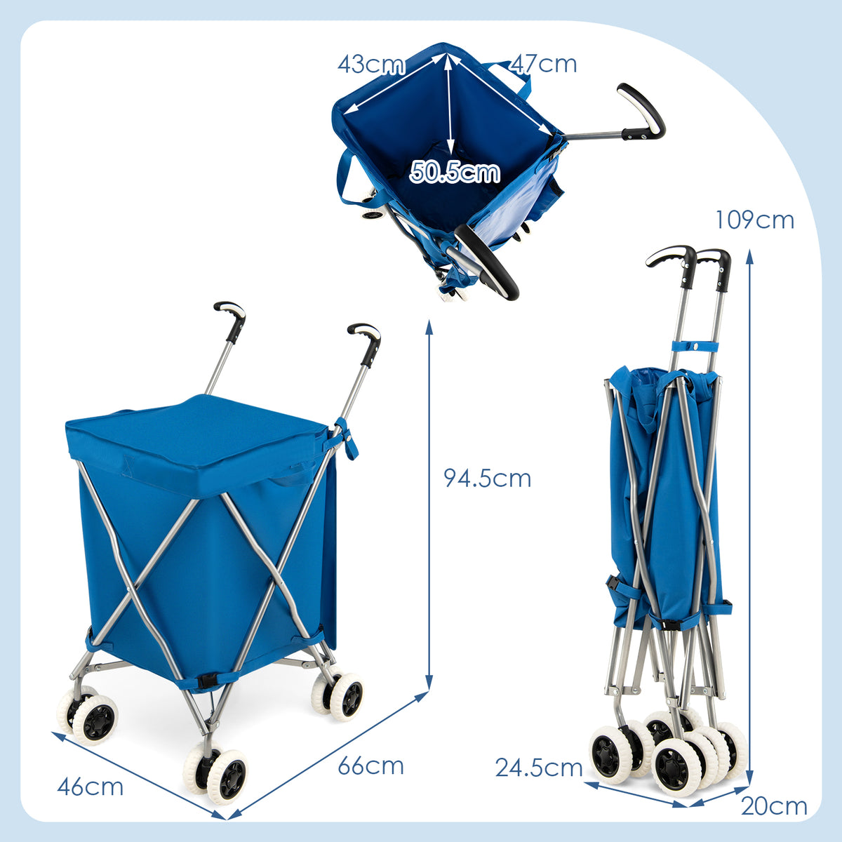 Dimensions of the blue shopping tote shown from multiple angles