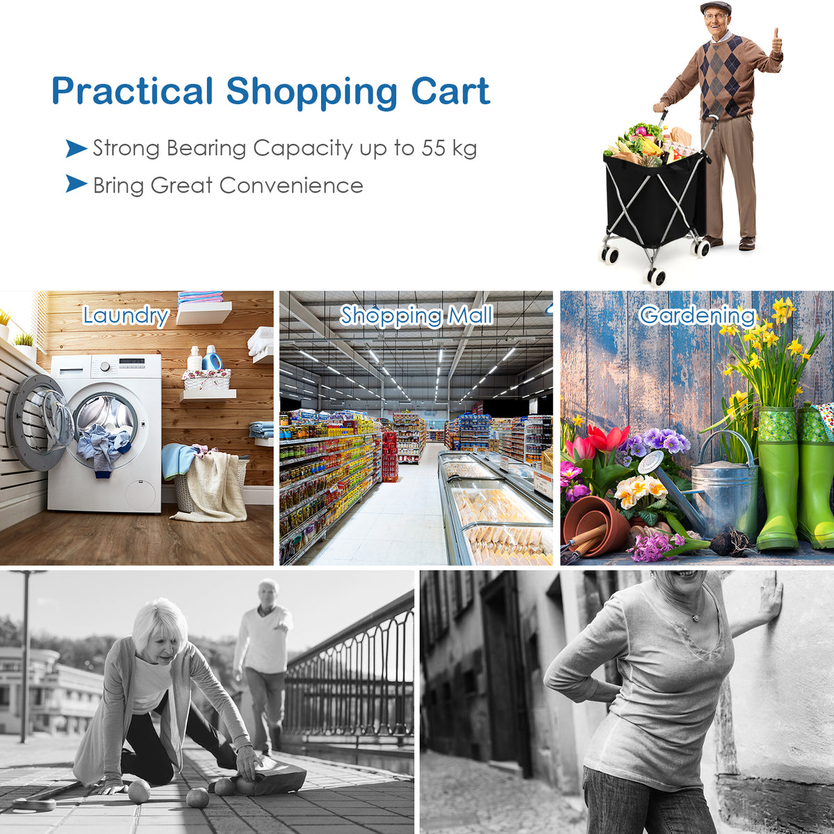The shopping tote shown in various lifestyle settings including laundry and garden