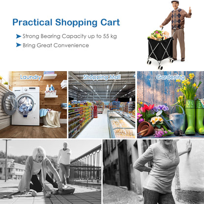 The shopping tote shown in various lifestyle settings including laundry and garden