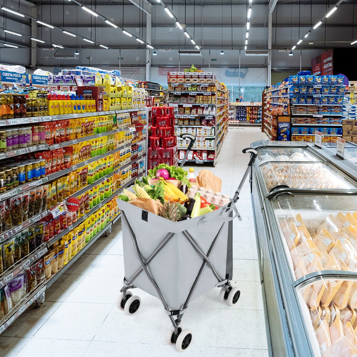 The shopping tote filled with groceries is shown in a supermarket aisle