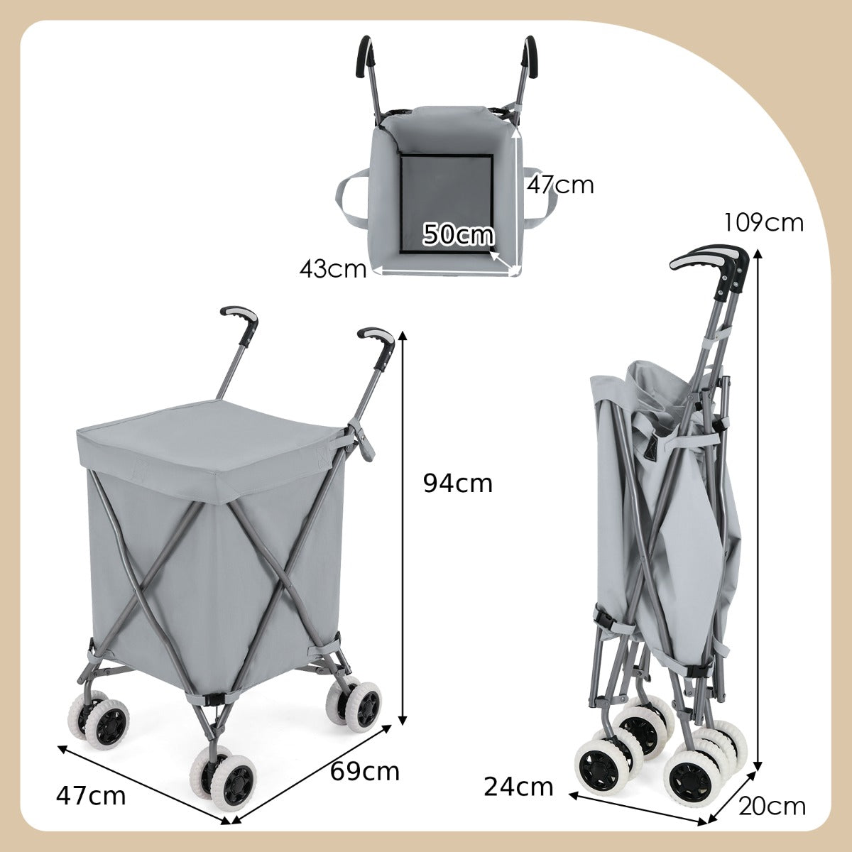 Dimensions of the grey shopping tote shown from the front, side and folded