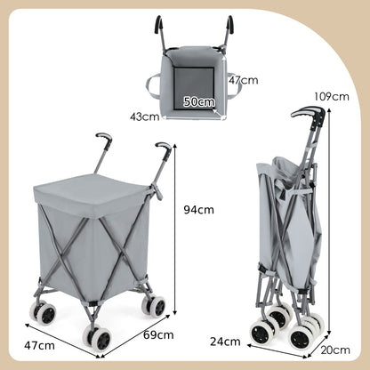 Dimensions of the grey shopping tote shown from the front, side and folded