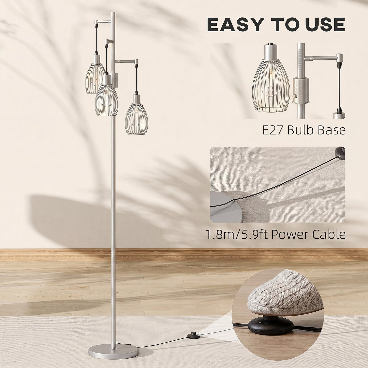 HOMCOM 170.5cm Industrial Dimmable Standing Lamp, 3-Light Floor Lamp with Steel Wire Cage Lampshades, Silver Tone