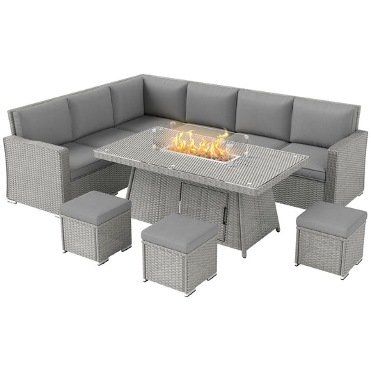 طقم أريكة من الراتان Outsunny Seven-Piece Firepit Table - رمادي