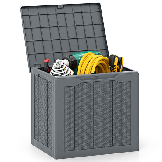 96L Outdoor Storage Box with lockable lid and wicker-woven texture in grey