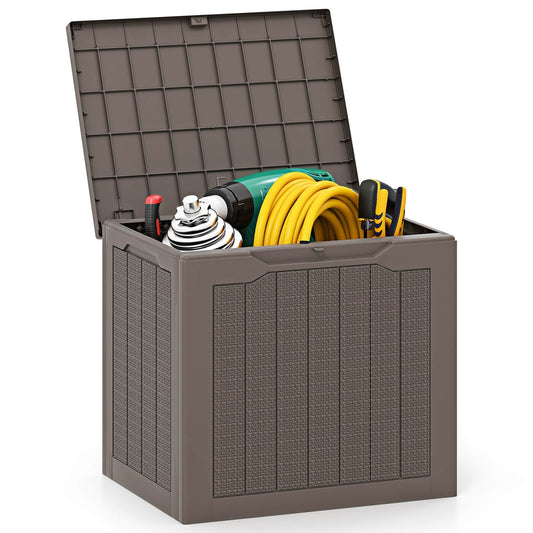 96L Outdoor Storage Box with lid open showing garden tools inside