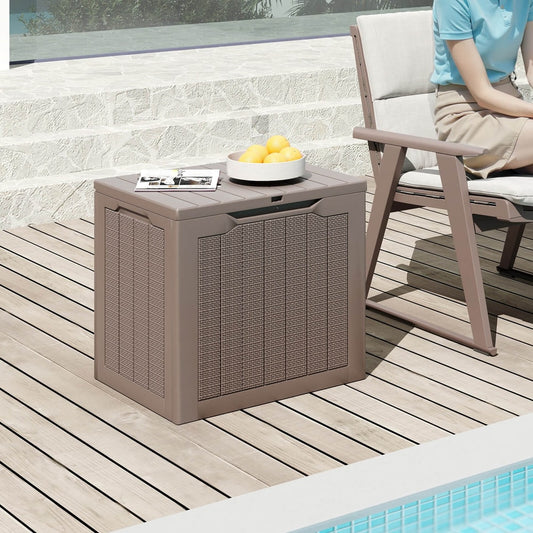 Brown outdoor storage box with wicker texture on a wooden deck next to a chair