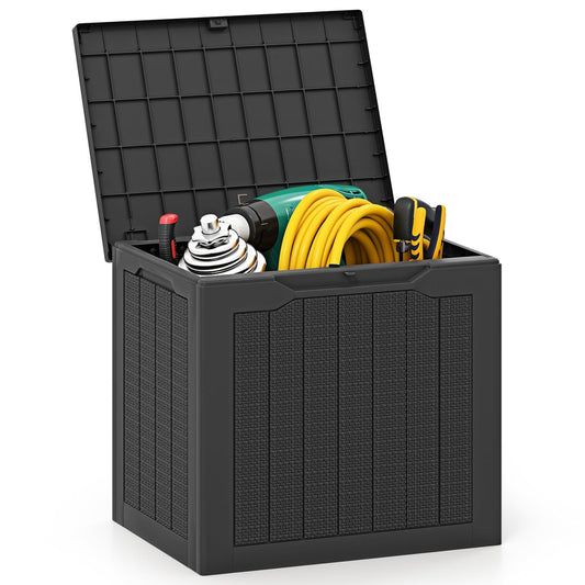 96L Outdoor Storage Box with a lockable lid open showing garden tools inside