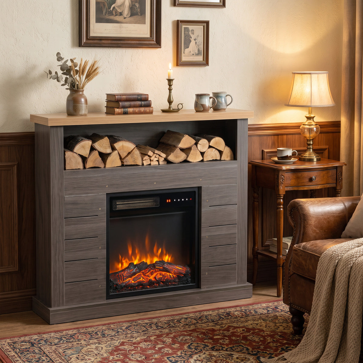 HOMCOM Electric Fireplace Suite, 1800W Electric Fire and Surround with LED Flame, Remote, Thermostat Overheat Protection