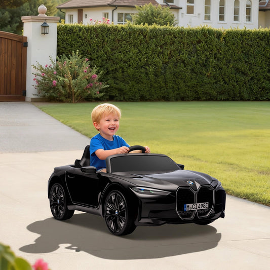 سيارة ركوب كهربائية للأطفال من HOMCOM BMW i4 مرخصة بجهد 12 فولت، مع جهاز تحكم عن بعد، بطارية محمولة، موسيقى، بوق، مصابيح أمامية - أسود