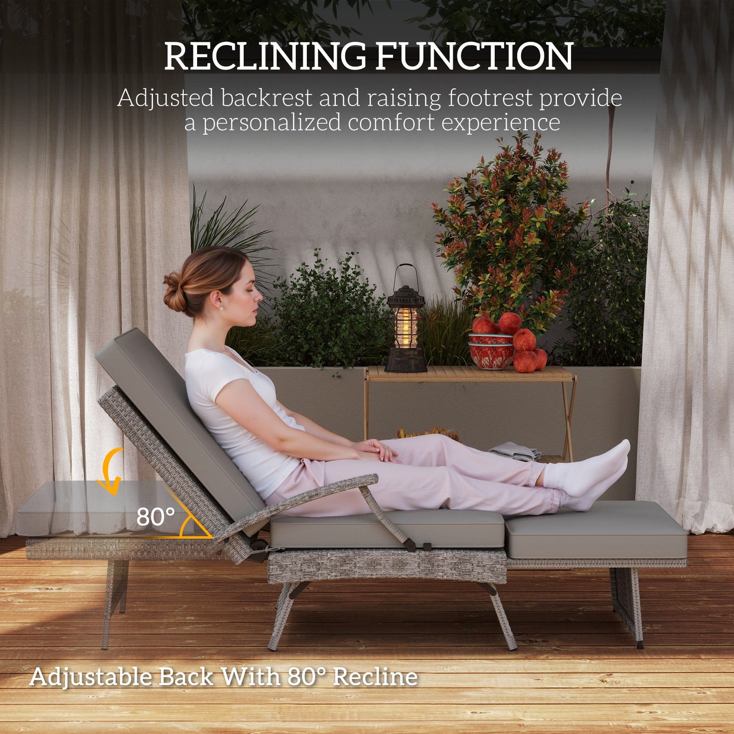Outsunny 80° Reclining Rattan Lounger - Grey
