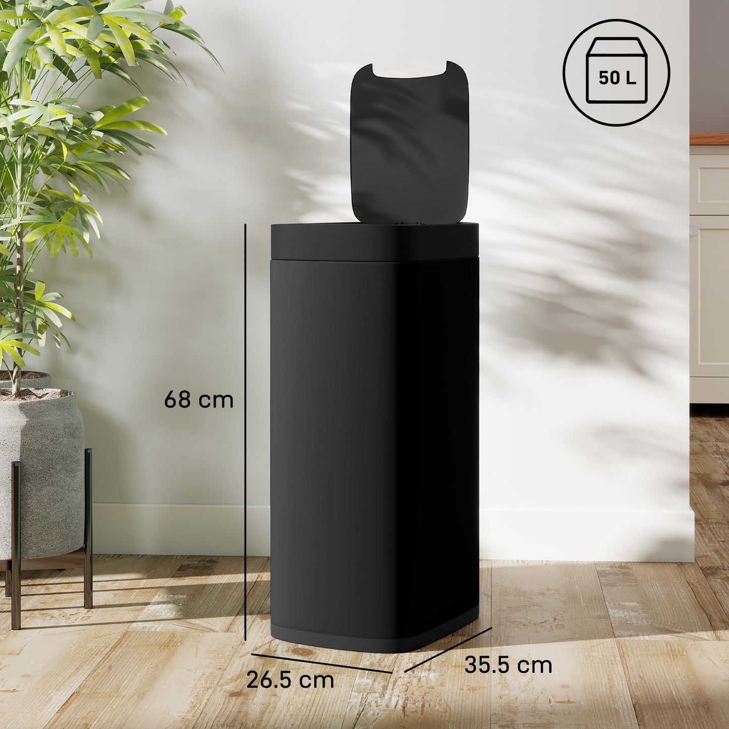 HOMCOM 50L Sensor Bin, Automatic Kitchen Bin, Manual Override, Battery Operated, Inner-Bucket-Free, for Kitchen, Bedroom, Black