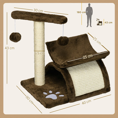 PawHut Cat Tree, Cat Tower for Kittens, Small Cat Condo with Rotatable Top Bar, Sisal Scratching Post, Tunnel, Dangling Balls - Brown