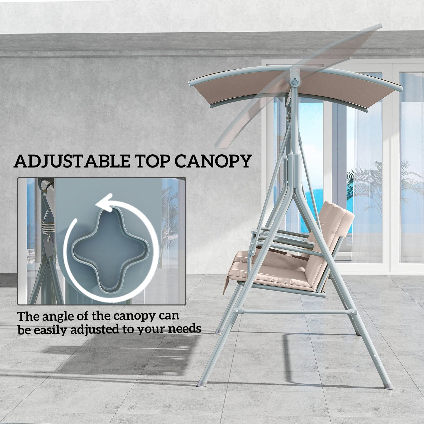 Outsunny 2 Seater Garden Swing Chair Patio Rocking Bench w/ Tilting Canopy, Double Padded Seats, Storage Bag and Tray, Beige