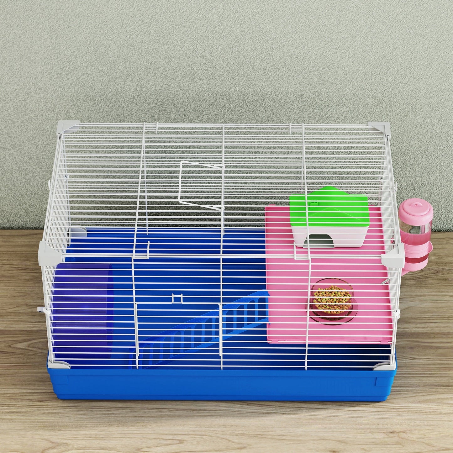 PawHut Hamster Cage, Small Gerbil Cage 2 Tiers Portable w/ Handle, Exercise Wheel, Water Bottle, Dishes, Blue