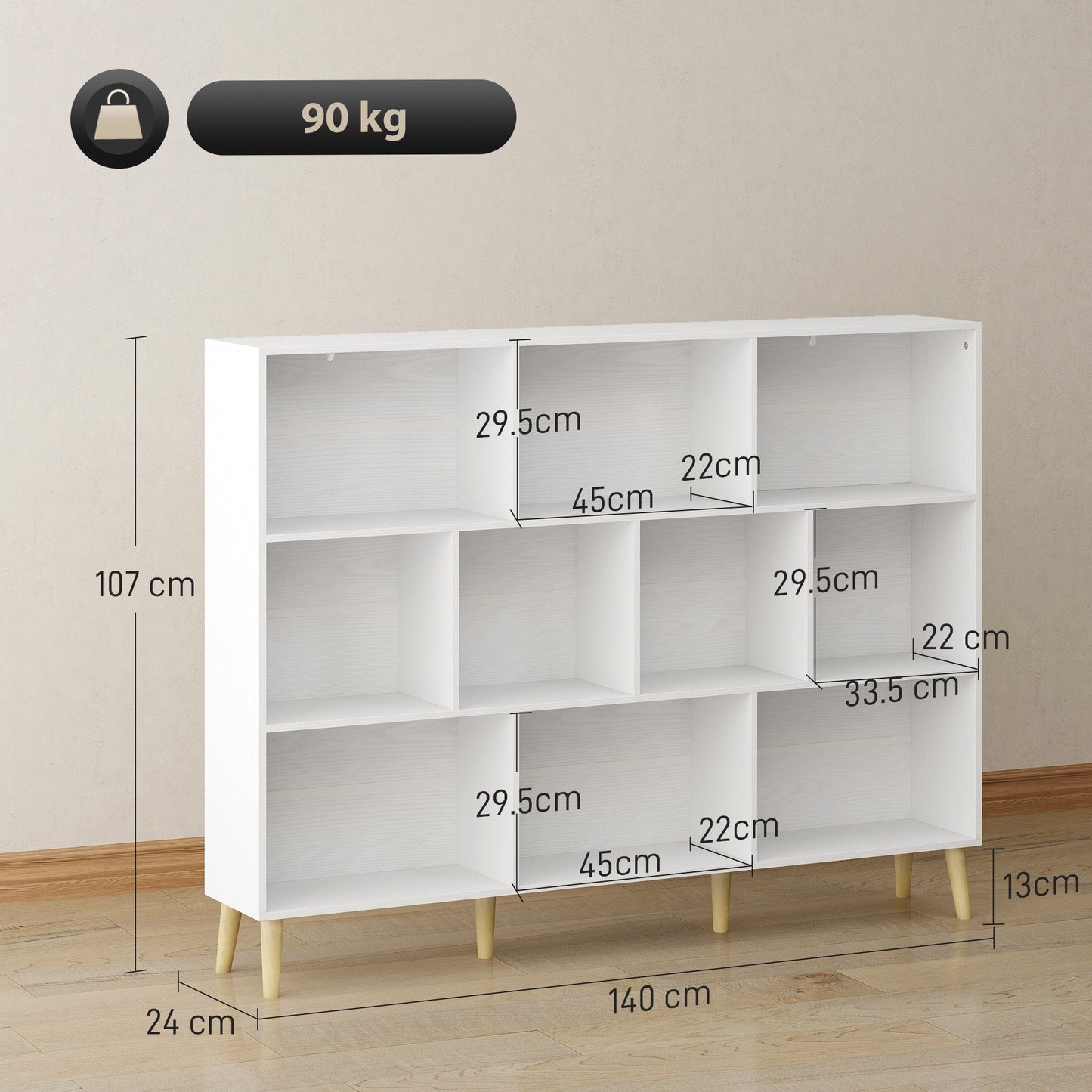 HOMCOM 10-Cube Bookcase, 3-Tier Book Shelf with Solid Wood Legs, 140 cm Modern Bookshelf with Anti-Tip Kit for Bedroom, White