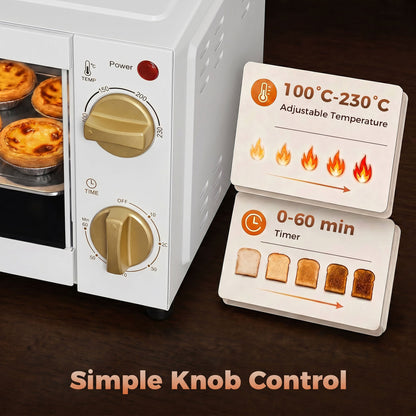 HOMCOM Mini Oven, 9L Countertop Electric Grill, Toaster Oven with Adjustable Temperature and Timer, 750W, White